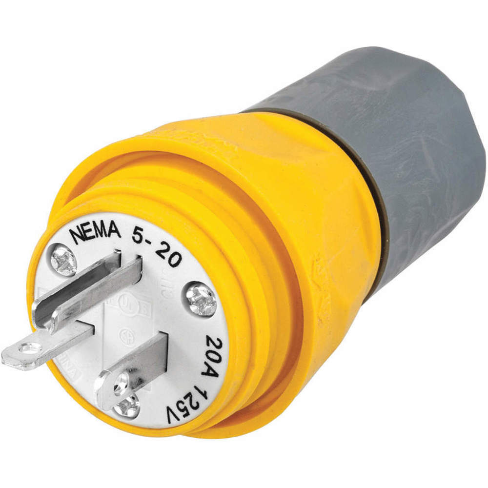 HUBBELL WIRING DEVICE-KELLEMS HBL14W33A Plug, Straight, 2-Pole, 3-Wire Grounding, 20A, 125V, 5-20P, Yellow | AH8XLN 39AW16