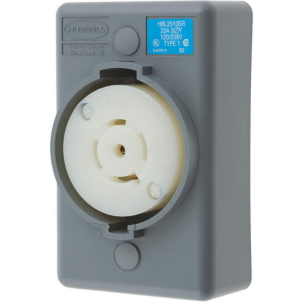 HUBBELL WIRING DEVICE-KELLEMS HBL2510SR Surface Mount Receptacle, One Gang, 20A, 3-Phase, Wye 120/208VAC, 4-Pole | AD6ZRF 4CV10