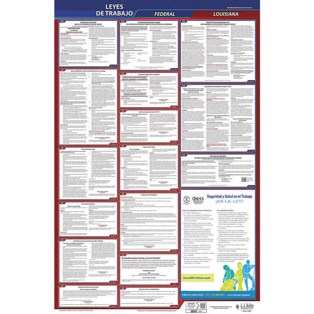 Labor Law Poster Federal / State LA SP 26 Inch Height 3 Year