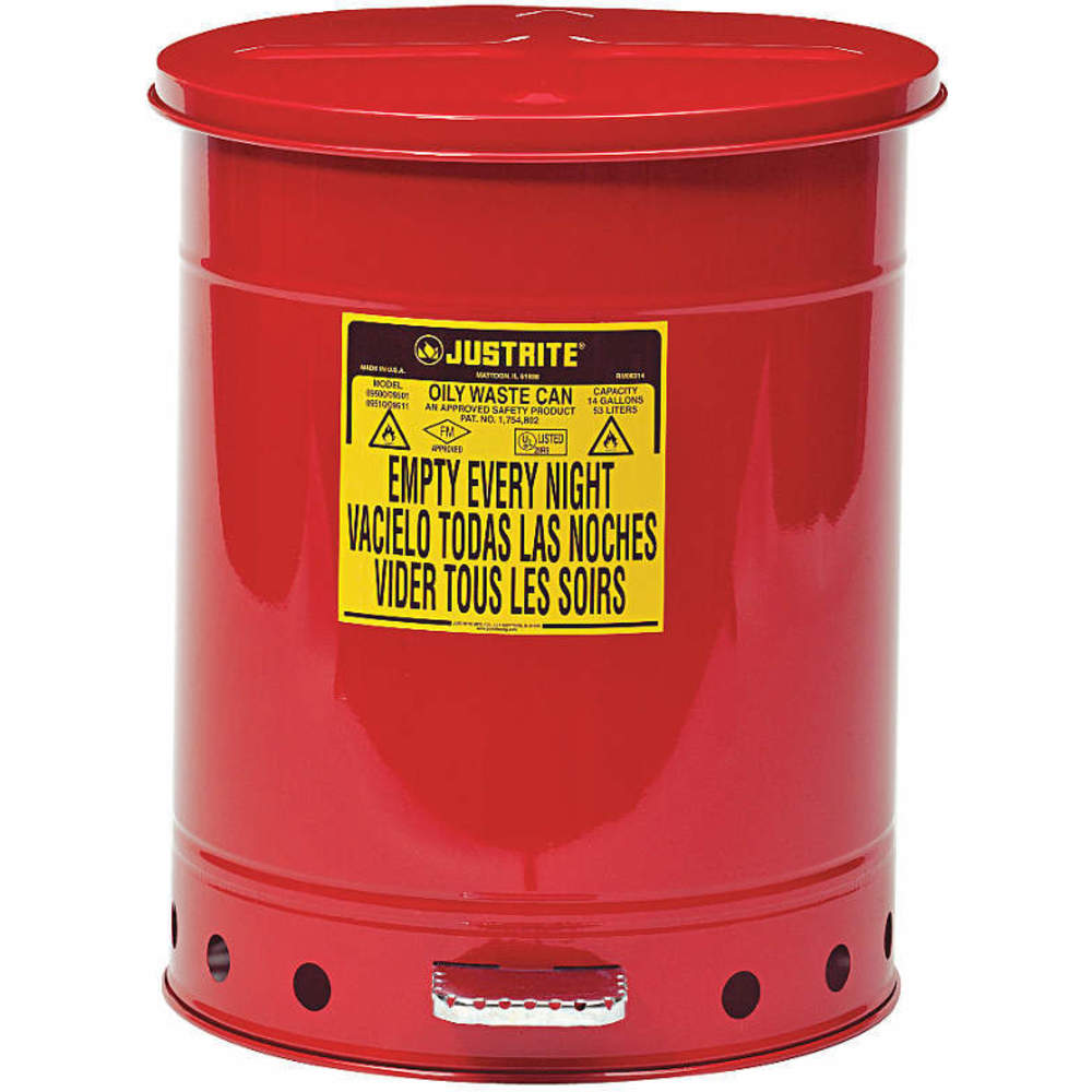 Pojemnik na odpady zaolejone, obsługiwany nogą, czerwony, 53 l, średnica 408 mm, długość 514 mm, czerwony