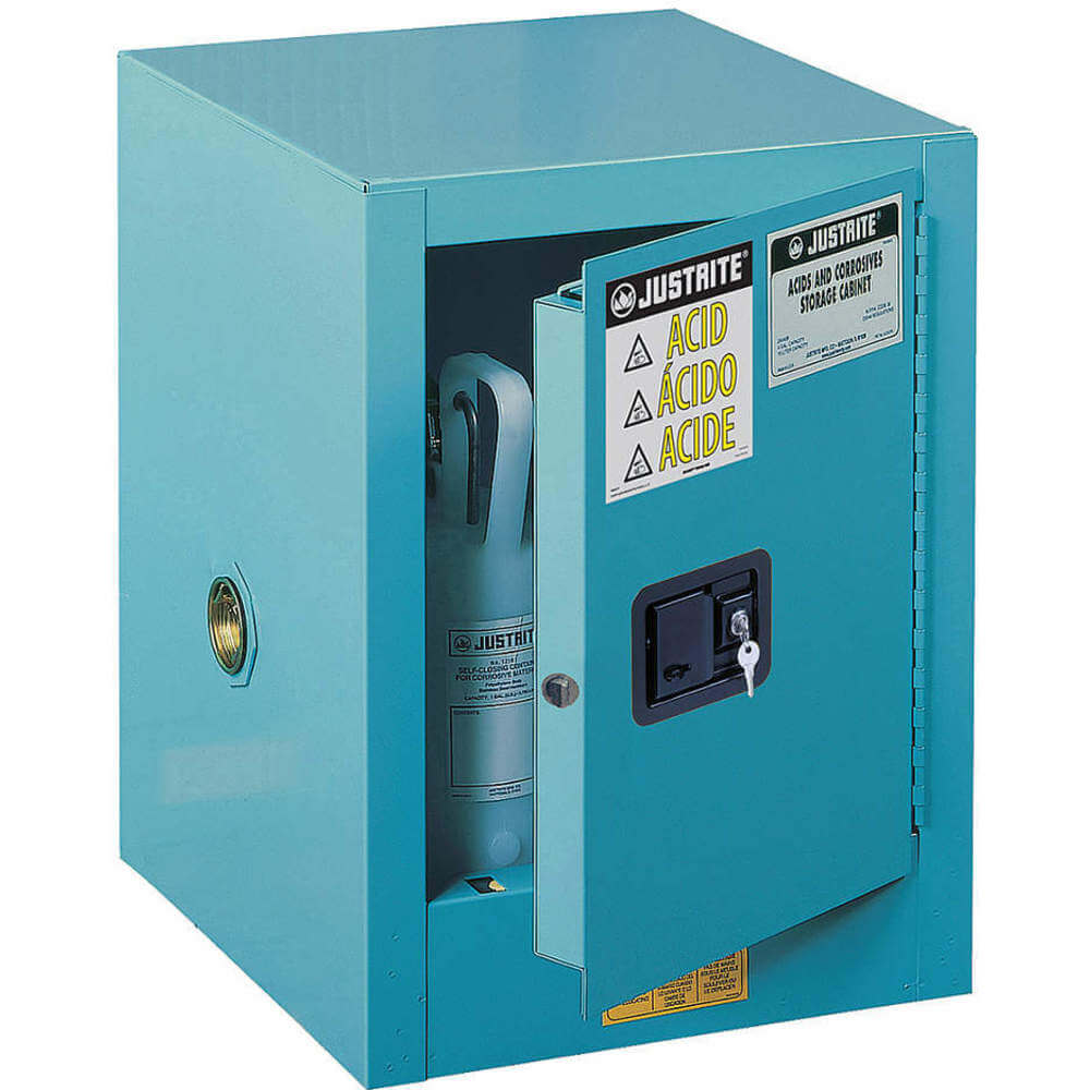 Corrosive Safety Cabinet, 4 Gallon, 1 Shelf, 1 Door, Self Close, Steel, Blue