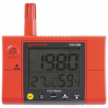 Wall-Mounted Carbon Dioxide Meter, LCD, 380 to 2000 ppm CO2 Concentration, 14 to 140 Deg F