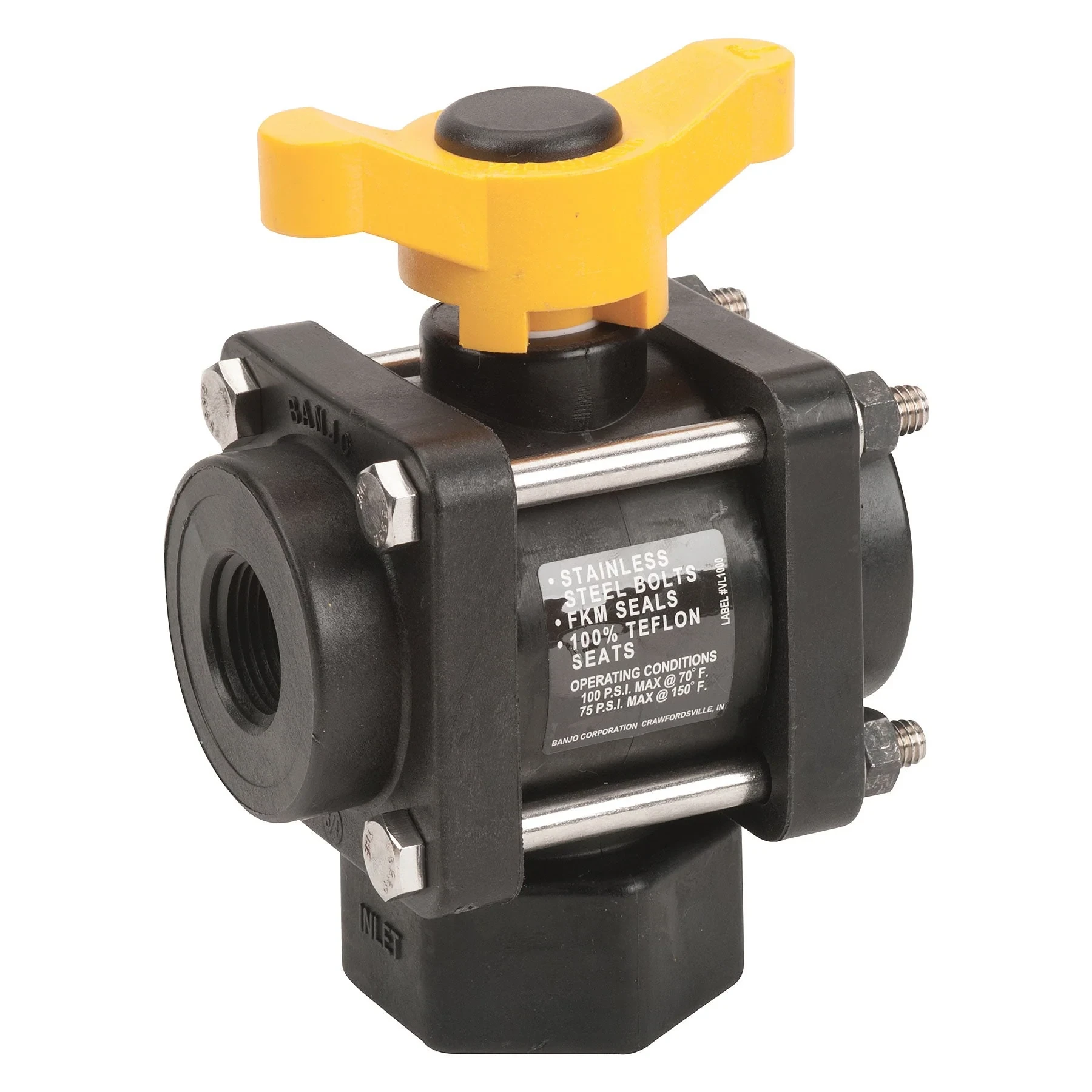 BANJO FITTINGS V075BL Ball Valve, 3 Way, 3/4 Inch Fpt, Bottom Load Poly | AC8TTZ 3DTF3