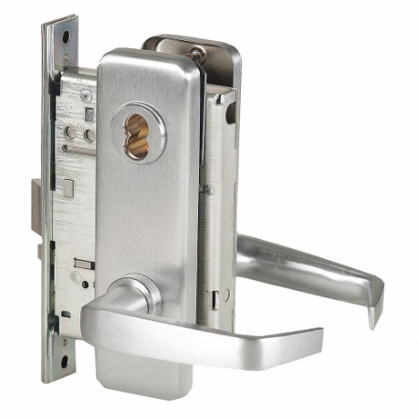 Door Lever Lockset, Grade 1, 40 H Escutcheon, Satin Chrome, Not Keyed