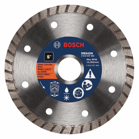 Diamond Saw Blade, 5 Inch Blade Dia, 7/8 Inch Arbor Size, Wet/Dry, For Angle Grinders