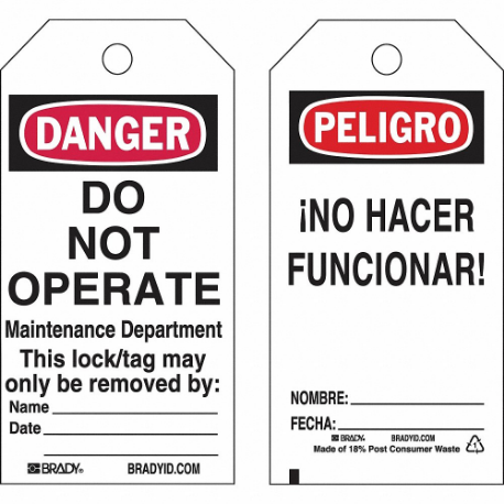 Lockout Tag, Peligro/Danger, Danger Do Not Operate, Paper, Date/Fecha/Name/Nombre