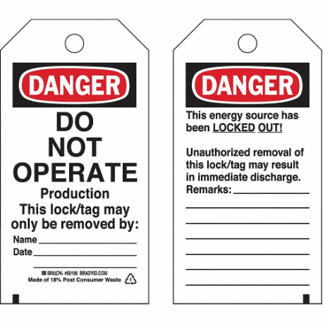 Lockout Tag, Danger, Danger Do Not Operate, Polyester, Date/Name/Remarks, Write-On Surface
