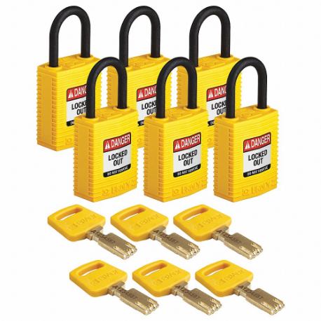 Lockout hængelås, med ens nøgle, nylon, kompakt kropsstørrelse, plastik, standard, gul