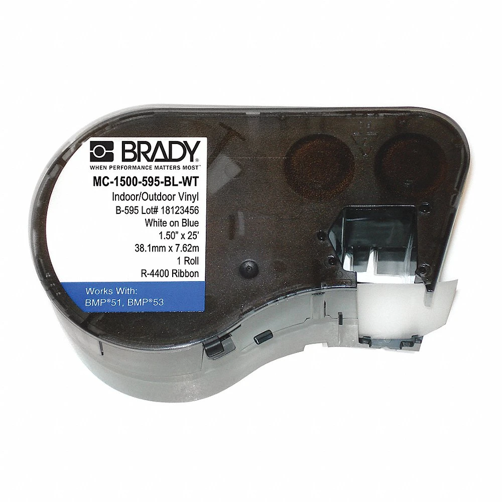 BRADY MC-1500-595-BL-WT Continuous Label Roll Cartridge, 1 1/2 Inch X 25 Ft, Vinyl, White On Blue, Outdoor | CP2BAV 12X404