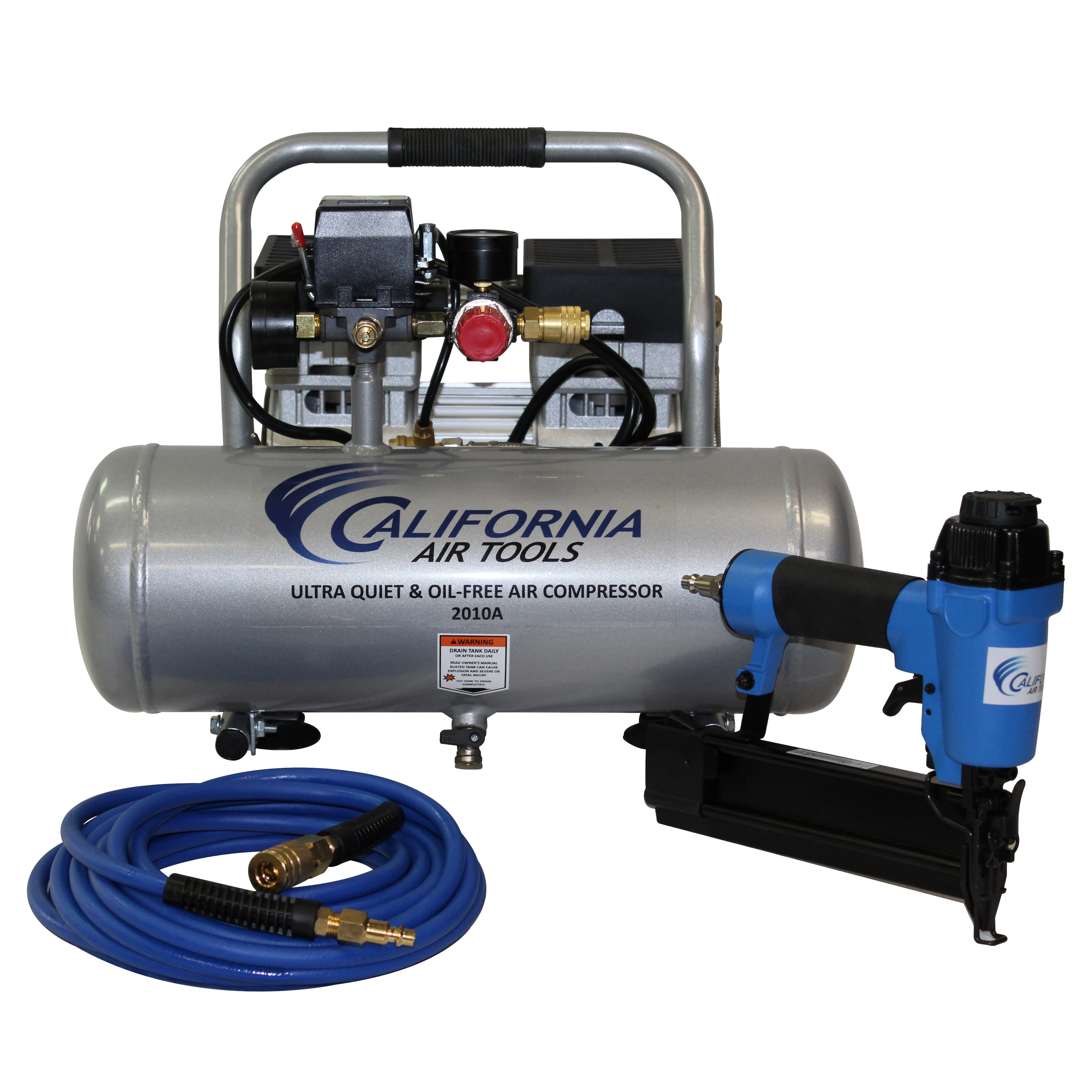 UltraQuiet, OilFree 1HP 2Gal Aluminum Tank AirCompressor w/NailGun Kit