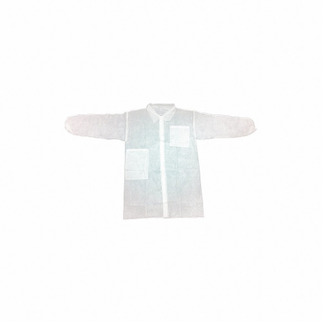 Disposable Lab Coat, Mandarin Collar, Elastic Cuff, Polypropylene, White, L, 30 PK