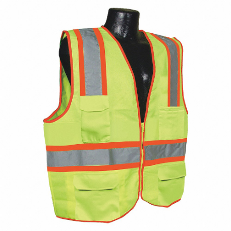 High Visibility Vest, ANSI Class 2, Chevron, 5XL, Lime, Solid Polyester, Zipper, Single