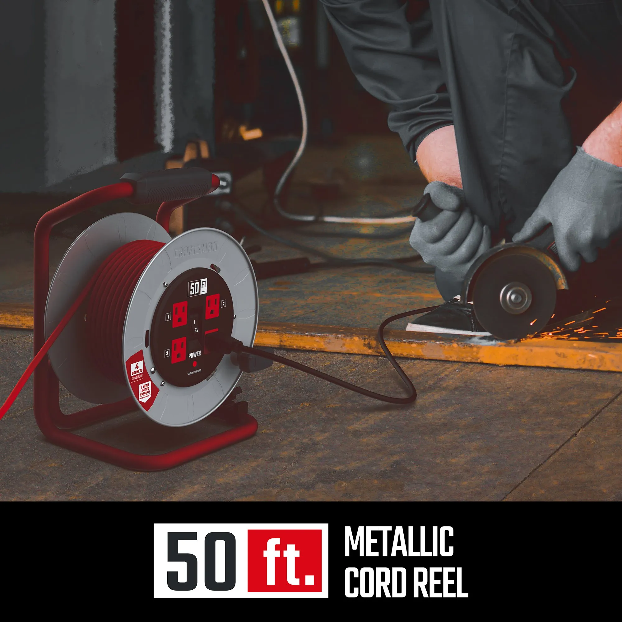 12AWG Power Cord Reel 4 Grounded Outlets Outlets 125V Voltage