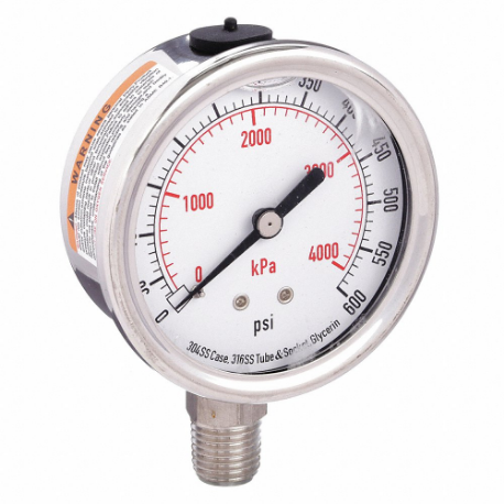 Commercial Pressure Gauge, 0 To 600 PSI, 2 1/2 Inch Dial, 1/4 Inch Npt Male, Bottom