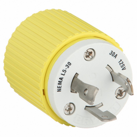Locking Plug, L5-30P, 125V AC, 30 A, 2 Poles, White/Yellow, Screw Terminals