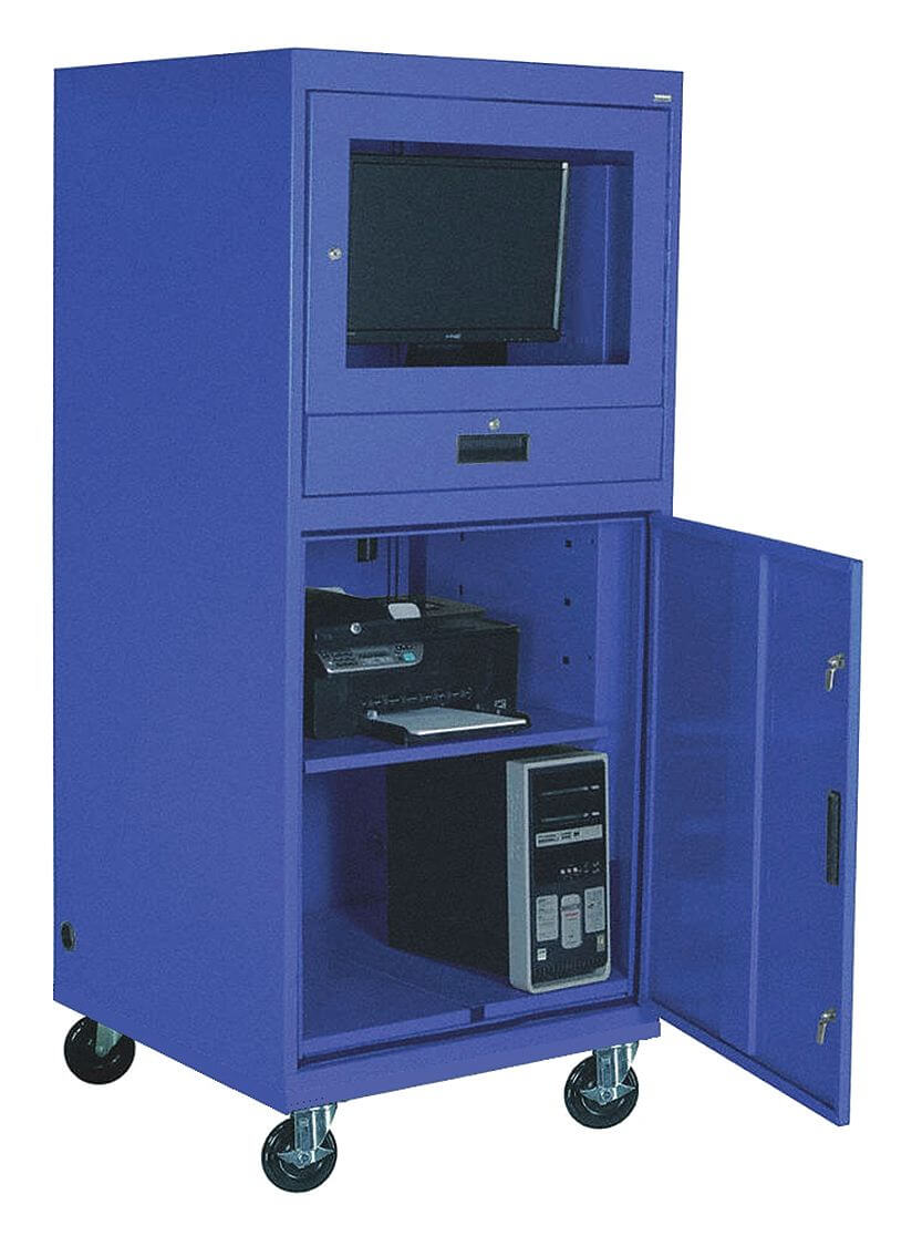 移動電腦櫃，30 英寸 x 30 英寸 x 70 英寸尺寸，鋼，藍色