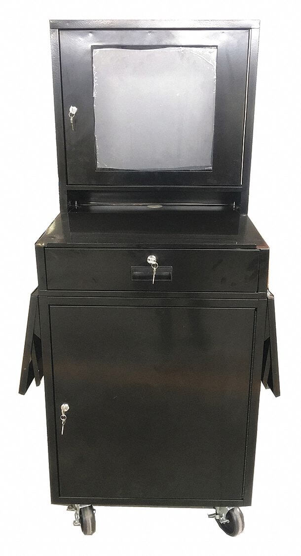 移動計算機櫃，24 1/2 英寸 x 22 1/2 英寸 x 62 3/4 英寸尺寸，鋼，黑色