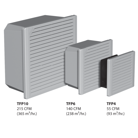 Ventilador con filtro, 230 V, 215 CFM, compuesto, gris claro