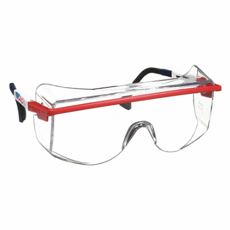 Safety Glasses, Anti-Scratch, Frameless, Clear, Blue/Red/White, Blue/Red/White