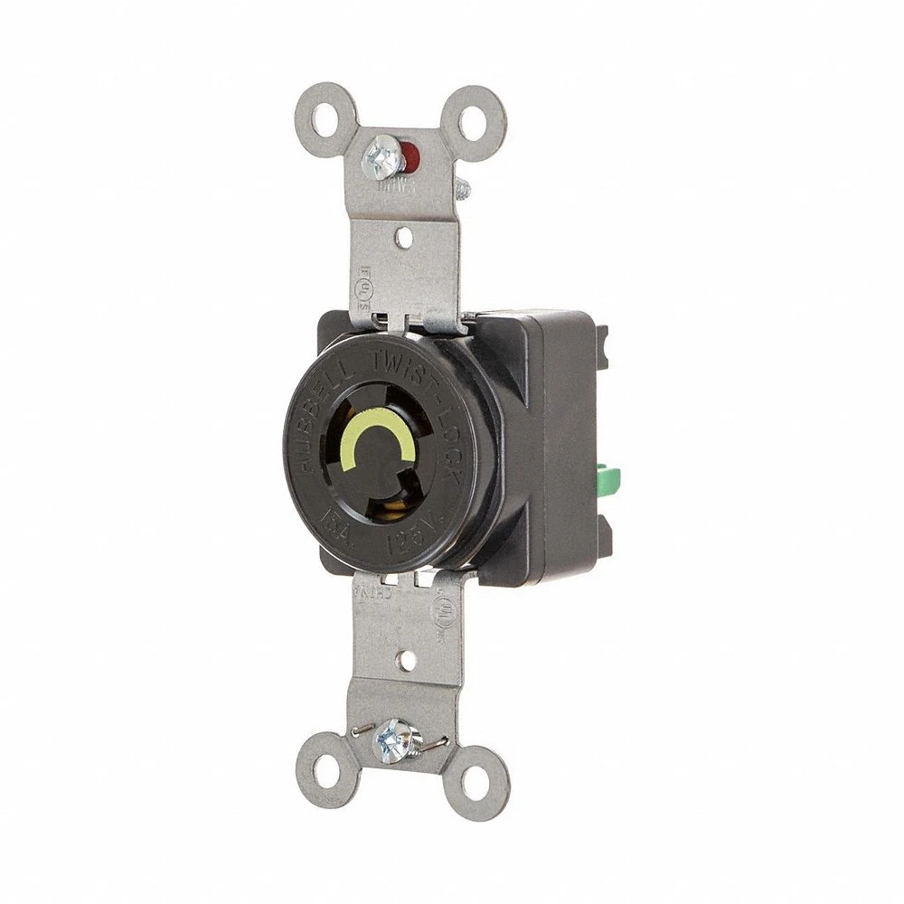 Locking Receptacle, L5-15R, 15 A, 125V AC, Black, 2 Pole, Shrouded