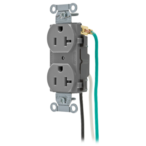 Straight Receptacle, Duplex, 20A 125V, Gray, 1 Pk, 8 Inch Stranded Lead