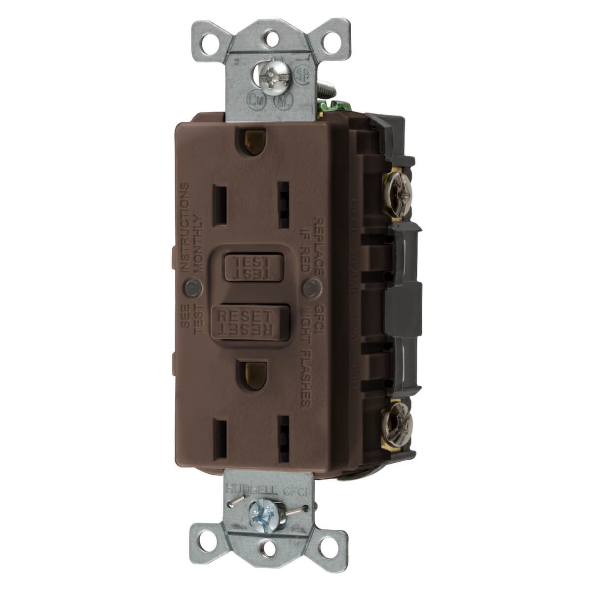 Gfci Receptacle, 15A 125V, 2-Pole 3-Wire Grounding, 5-15R, Brown