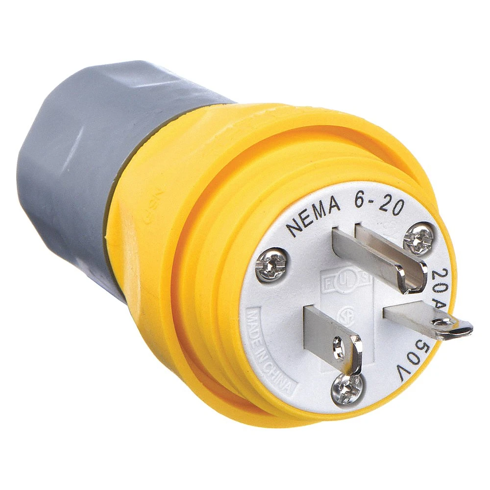 HUBBELL WIRING DEVICE-KELLEMS HBL14W48 Male Plug, 20A, 250V, 2-Pole, 3-Wire Grounding, Yellow | AH8XLR 39AW19