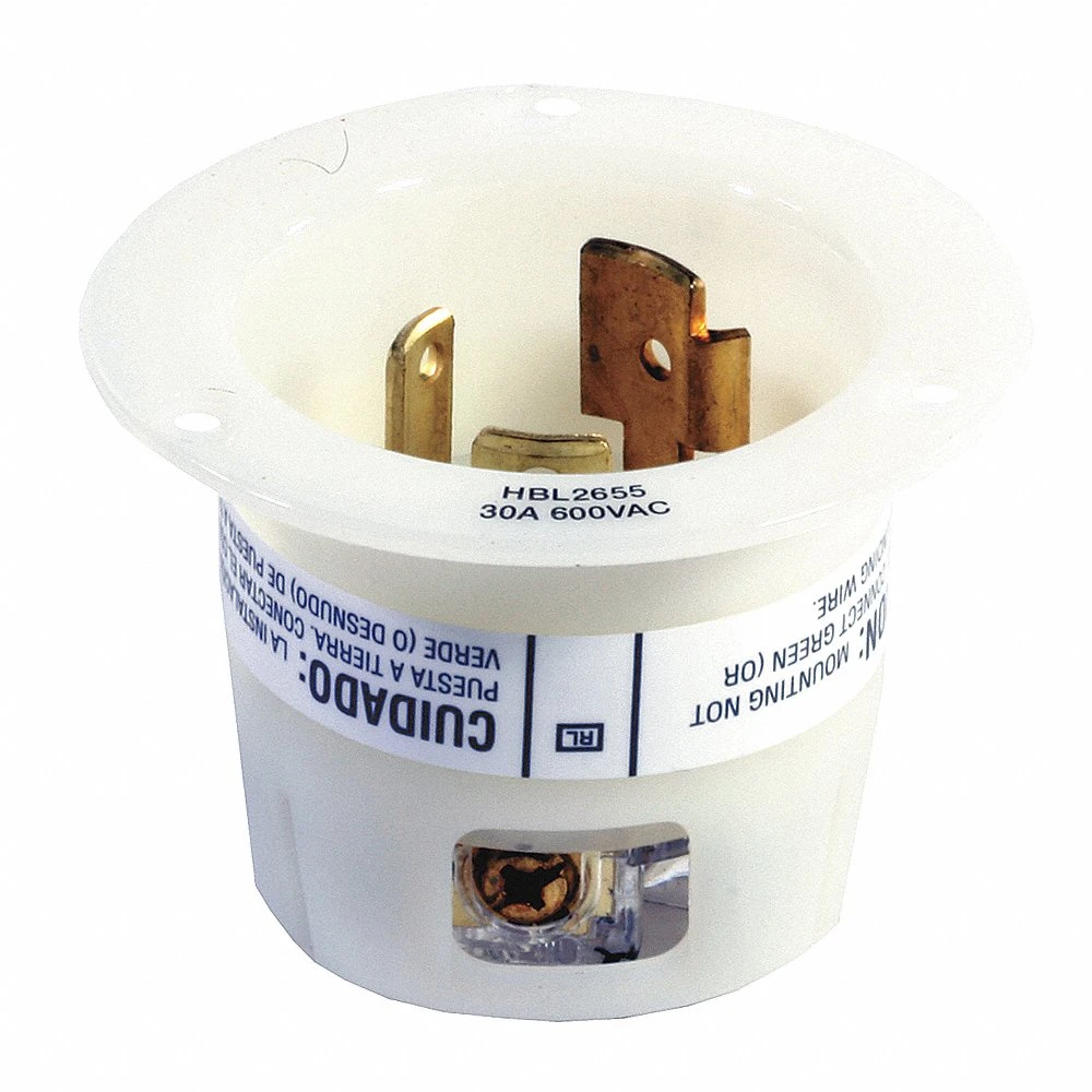HUBBELL WIRING DEVICE-KELLEMS HBL2655 Flanged Inlet, 30A, 600VAC, 2-Pole, 3-Wire Grounding, Screw Terminal, White | AC8QKM 3D637