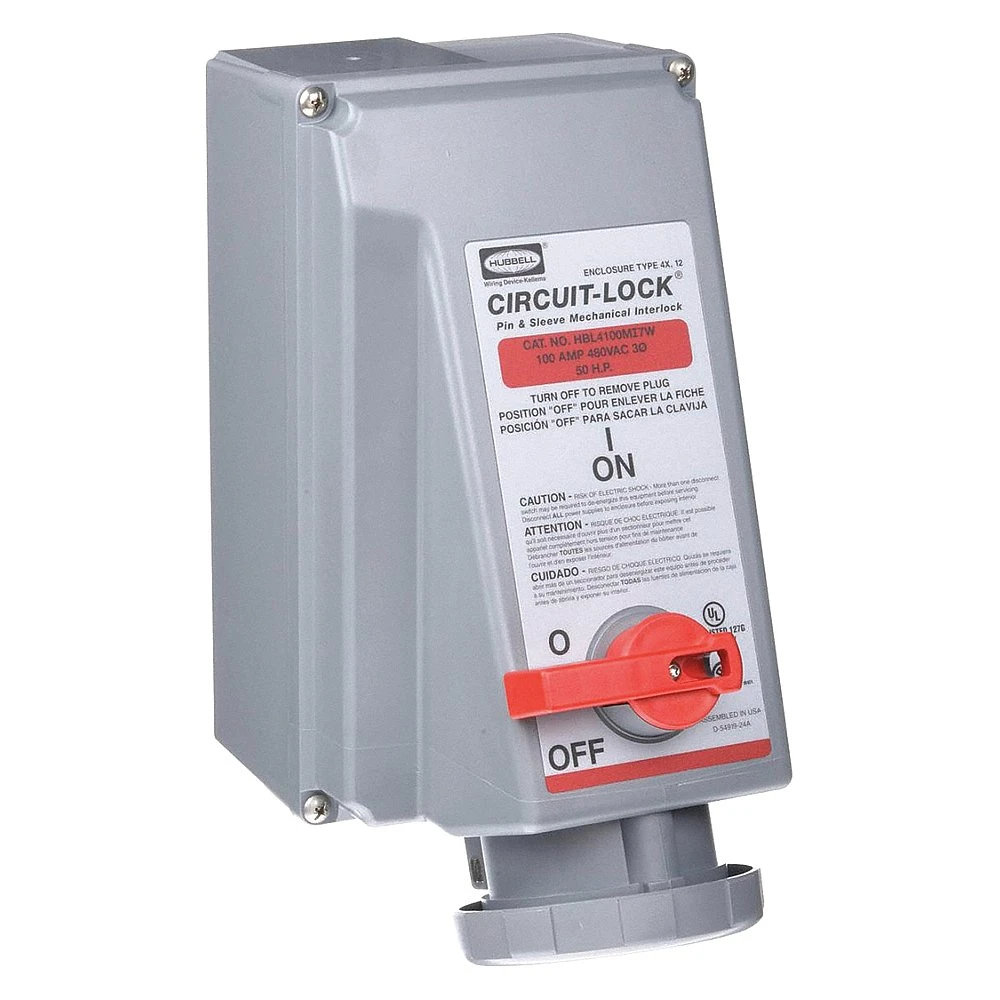 HUBBELL WIRING DEVICE-KELLEMS HBL4100MI7W Mechanically Interlocked Receptacle, 3 Pole, 480 VAC, 100 A | AD6ZFX 4CT27