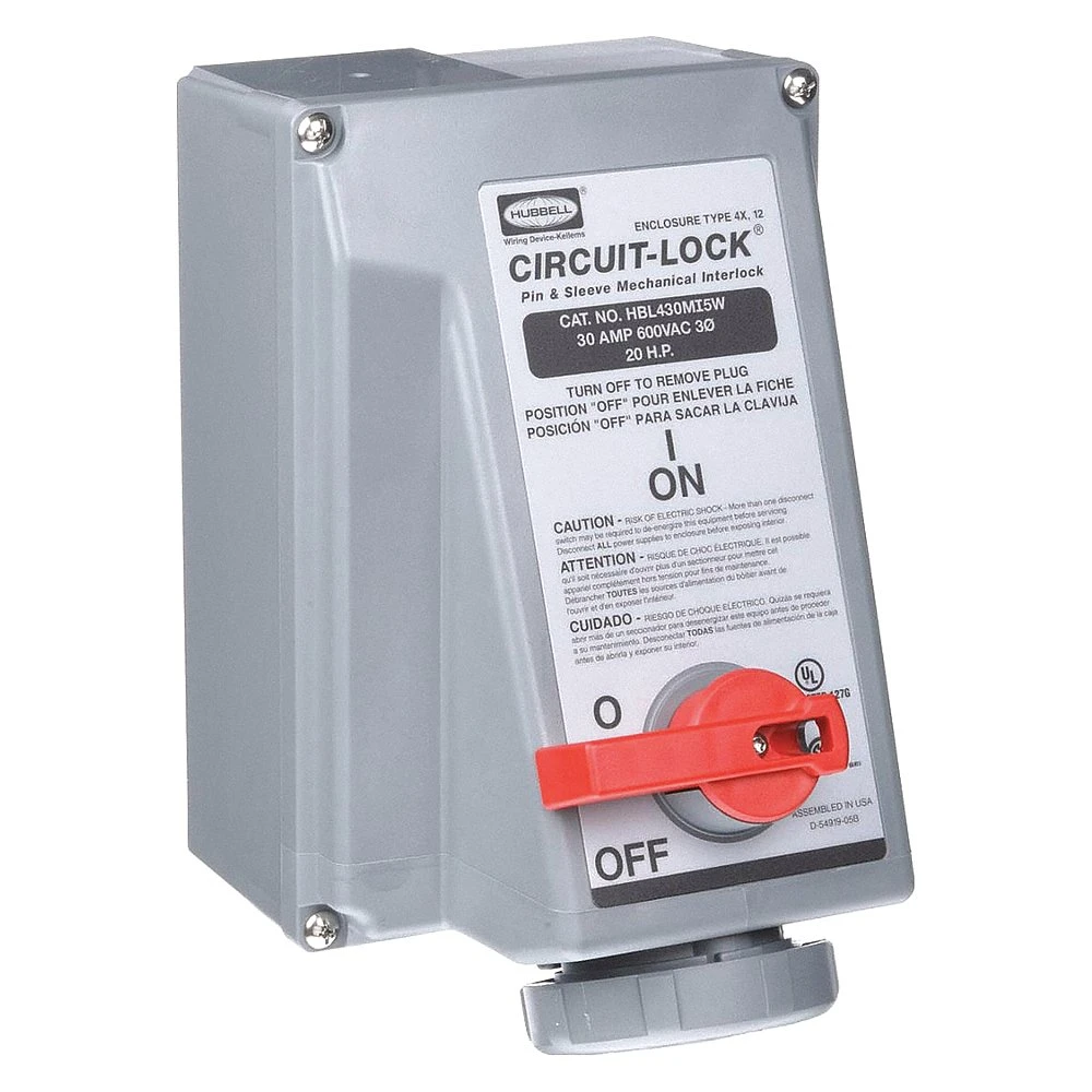HUBBELL WIRING DEVICE-KELLEMS HBL430MI5W Mechanically Interlocked Receptacle, 3 Pole, 600 VAC, 30 A | AE7ZGG 6C572