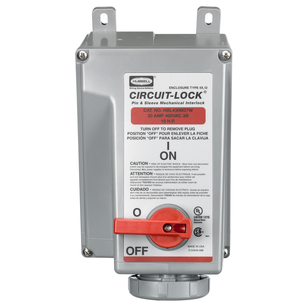 HUBBELL WIRING DEVICE-KELLEMS HBL430MI7W Mechanically Interlocked Receptacle, 3 Pole, 480 VAC, 30 A | AE7ZGH 6C573