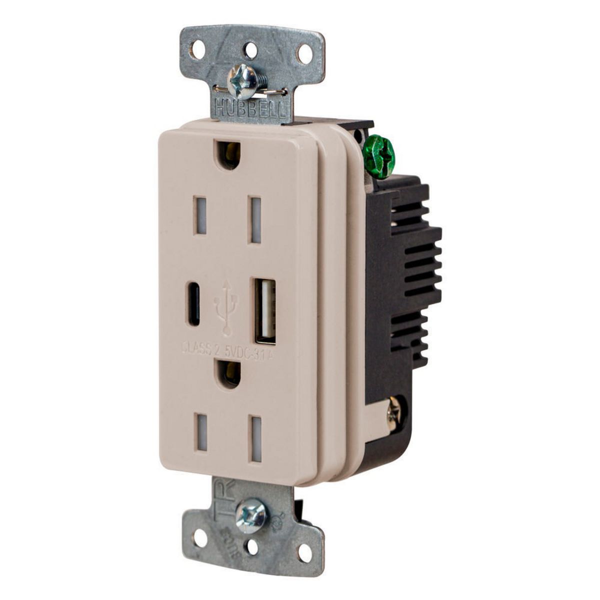 Usb Receptacle, 15A 125V, 2-P 3-W Grounding, 5-15R, Two 3.1 A Usb Port, Brown