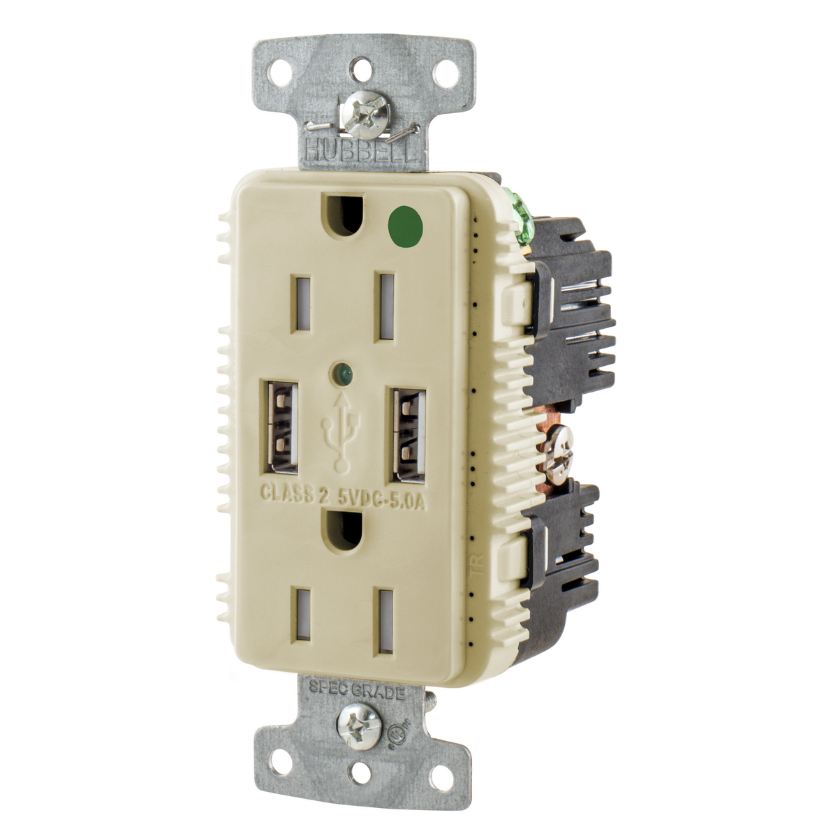 Usb Charger Duplex Receptacle, 15A, 125V, 2-Pole, 3-Wire Grounding, Ivory