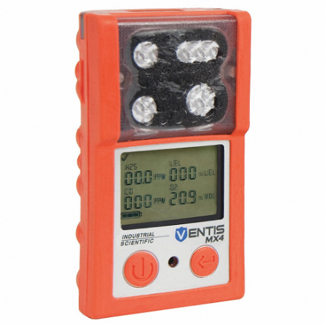 Multi-Gas Detector, Co/H2S/Lel/O2, Orange, Adj, Audible/Vibrating/Visual