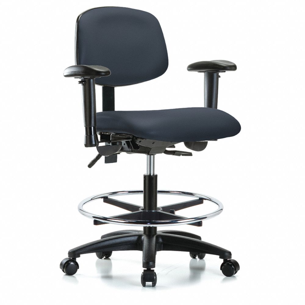 乙烯基潔淨室工作椅，座椅高度範圍為 22 至 29 英寸，海軍藍