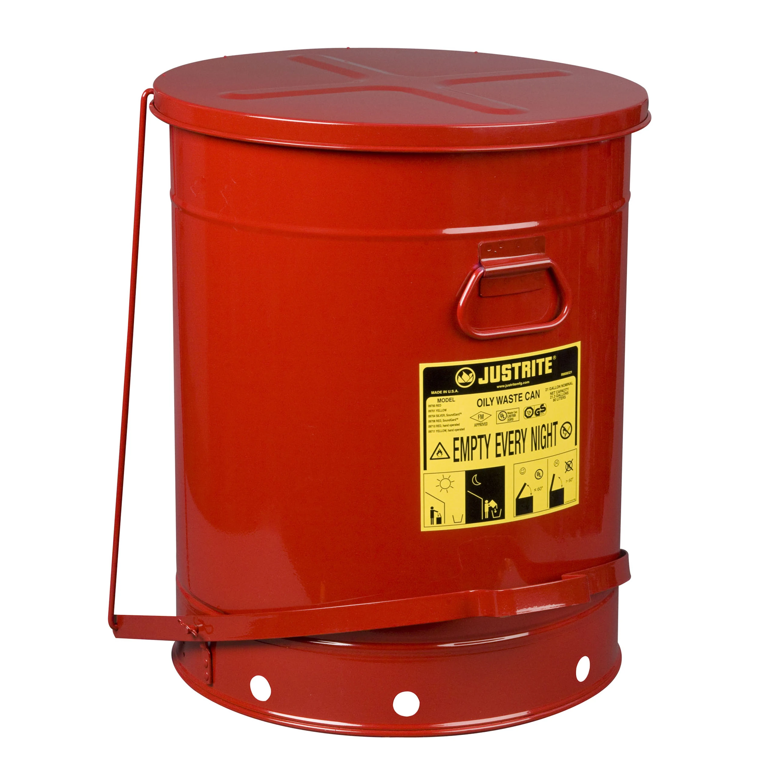 JUSTRITE 09700 Oily Waste Can, Foot operated, 21 Gallon, 467mm Dia., 595mm Length, Red | AE3BDC JCN09700RD, 9700