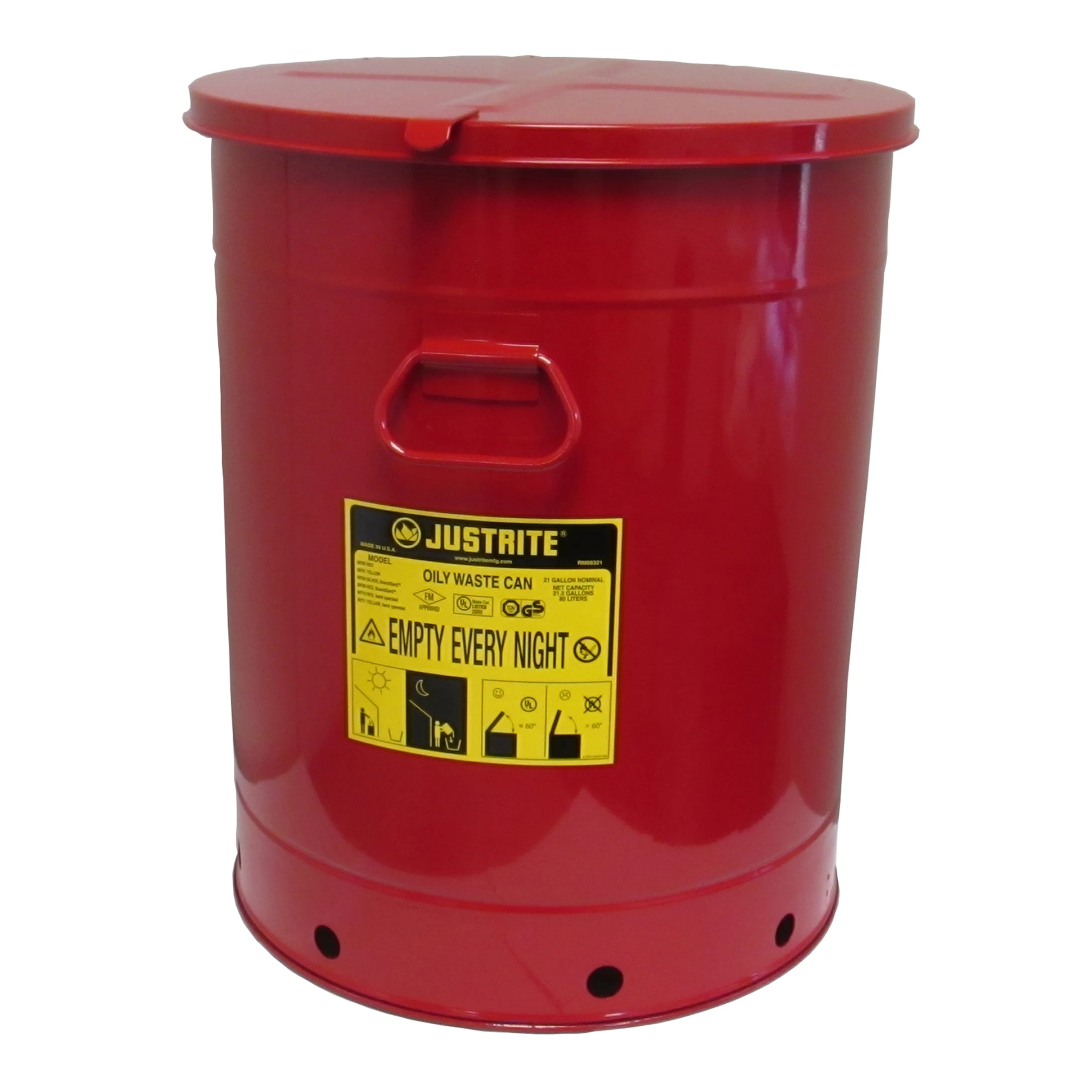 JUSTRITE 09710 Oily Waste Can, Hand Operated, 79.5L, 467mm Dia., 595mm Length, Red | AD2NYU JCN09710RD, 9710