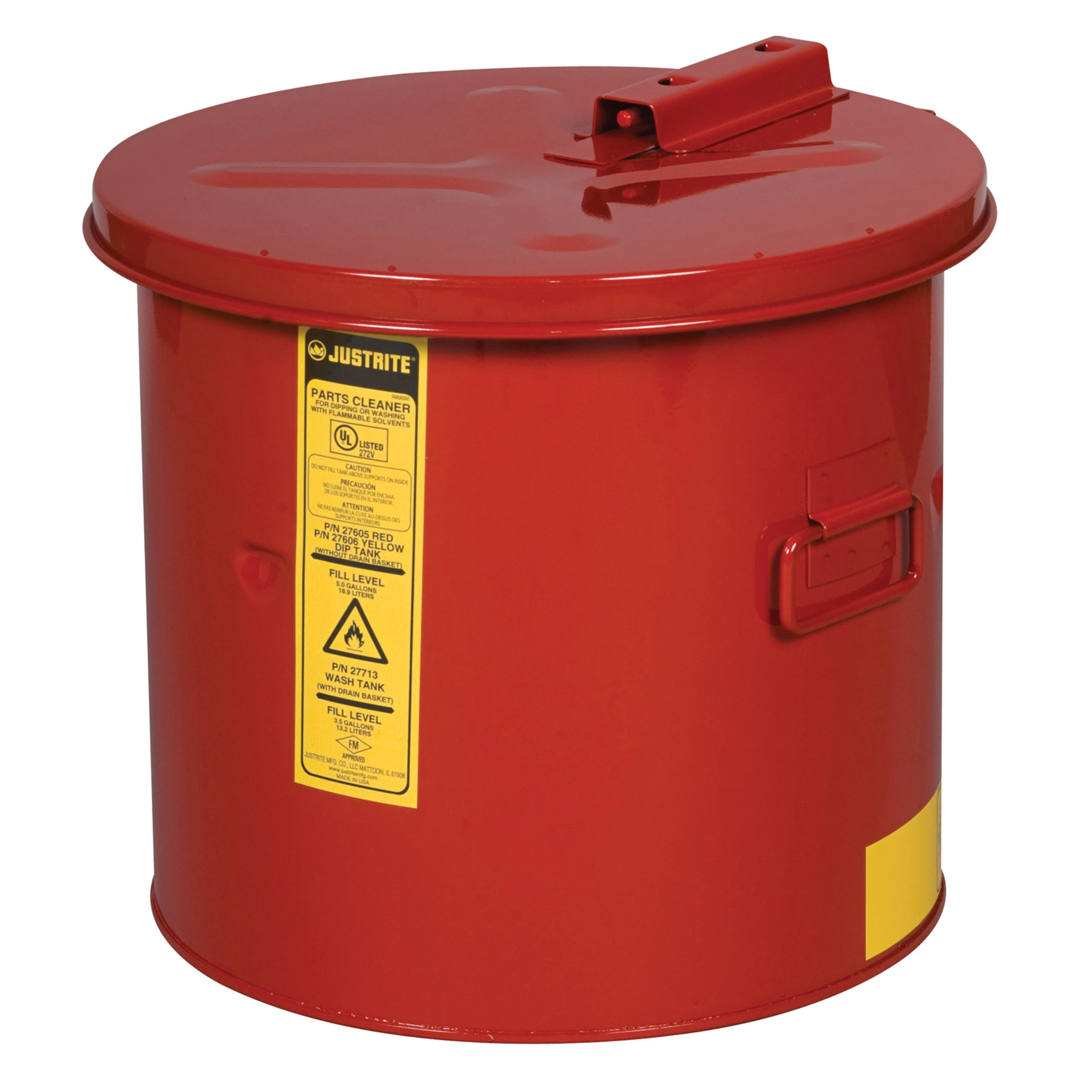 JUSTRITE 27605 Dip Tank for Cleaning Part, Benchtop, 5 Gallon, Manual Cover With Fusible Link, Steel, Red | AC8JWG JUT27605RD