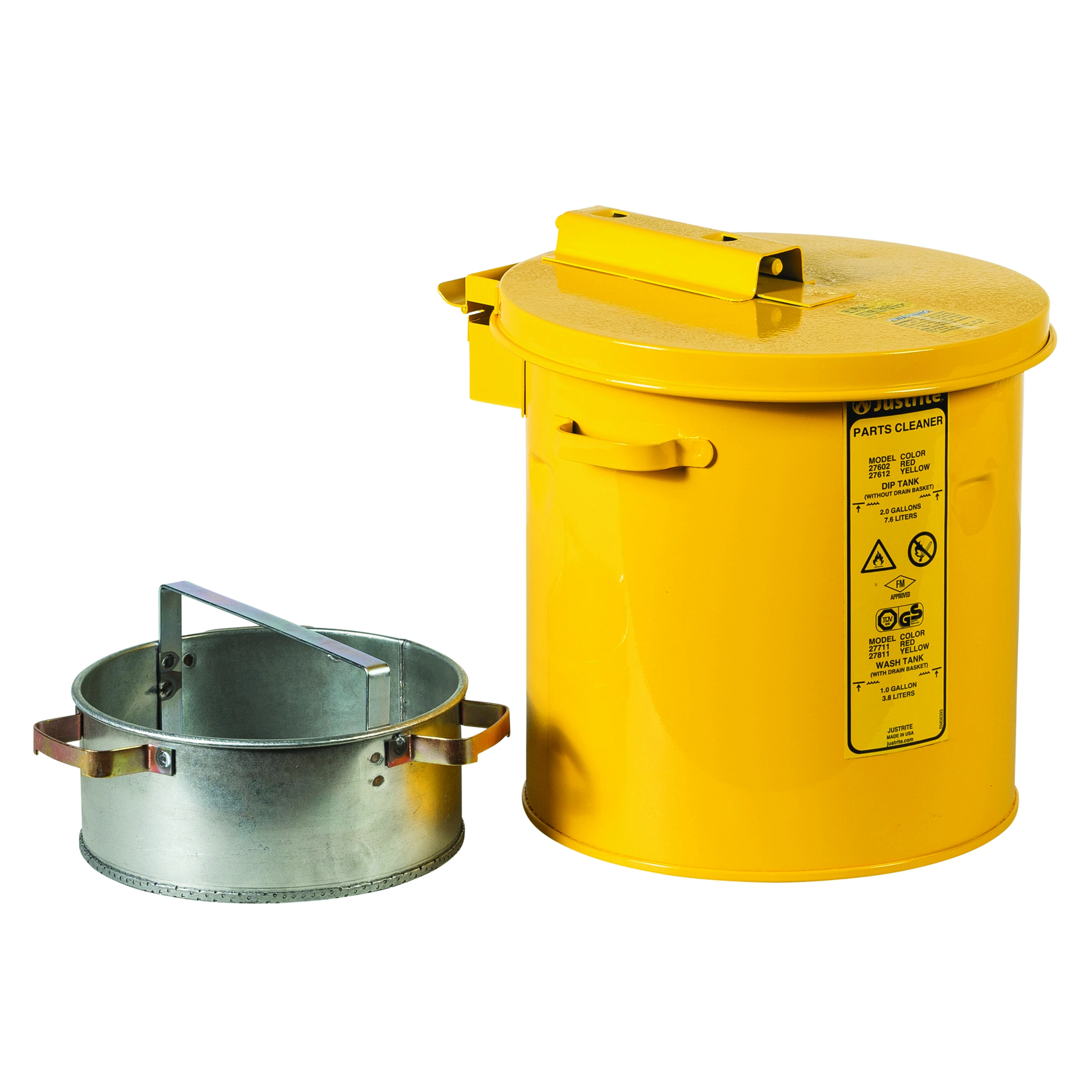 JUSTRITE 27811 Wash Tank With Basket, 1 Gallon, Self-Close Cover with Fusible Link, Steel, Yellow | CD8CFP