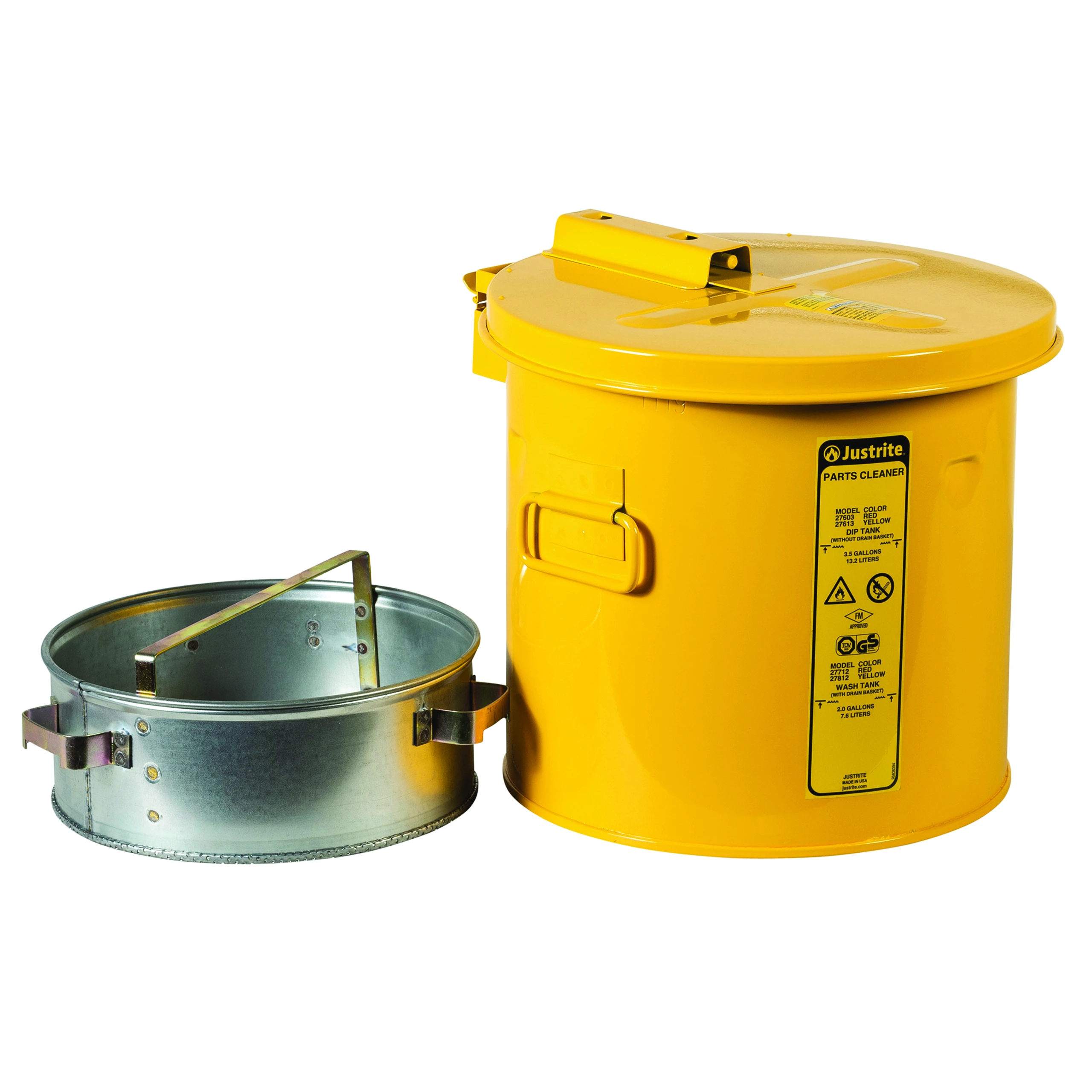 JUSTRITE 27812 Wash Tank With Basket, 2 Gallon, Self-Close Cover with Fusible Link, Steel, Yellow | CD8CFQ