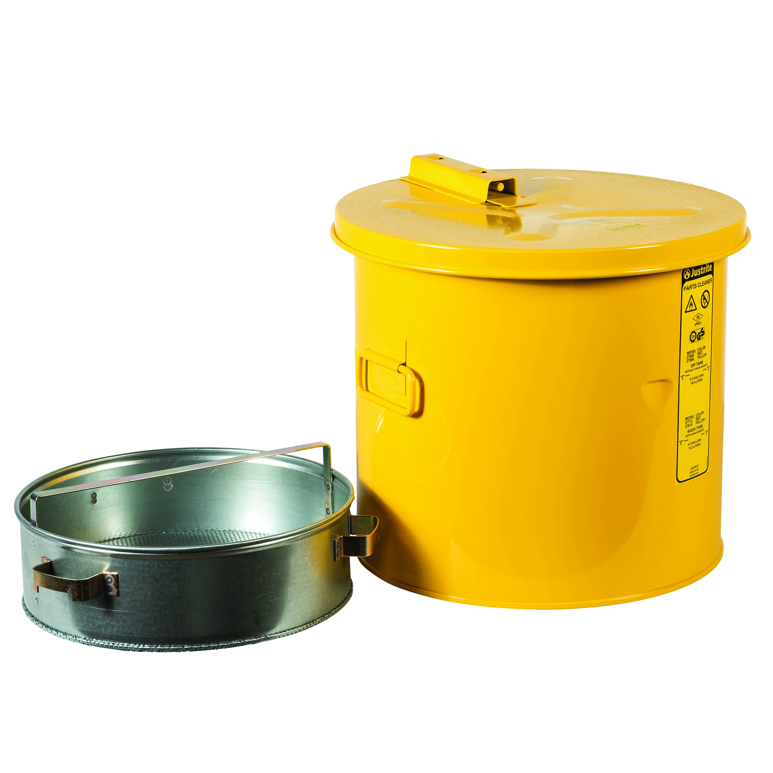 JUSTRITE 27813 Wash Tank With Basket, 11 Gallon, Self-Close Cover with Fusible Link, Steel, Yellow | CD8CFR