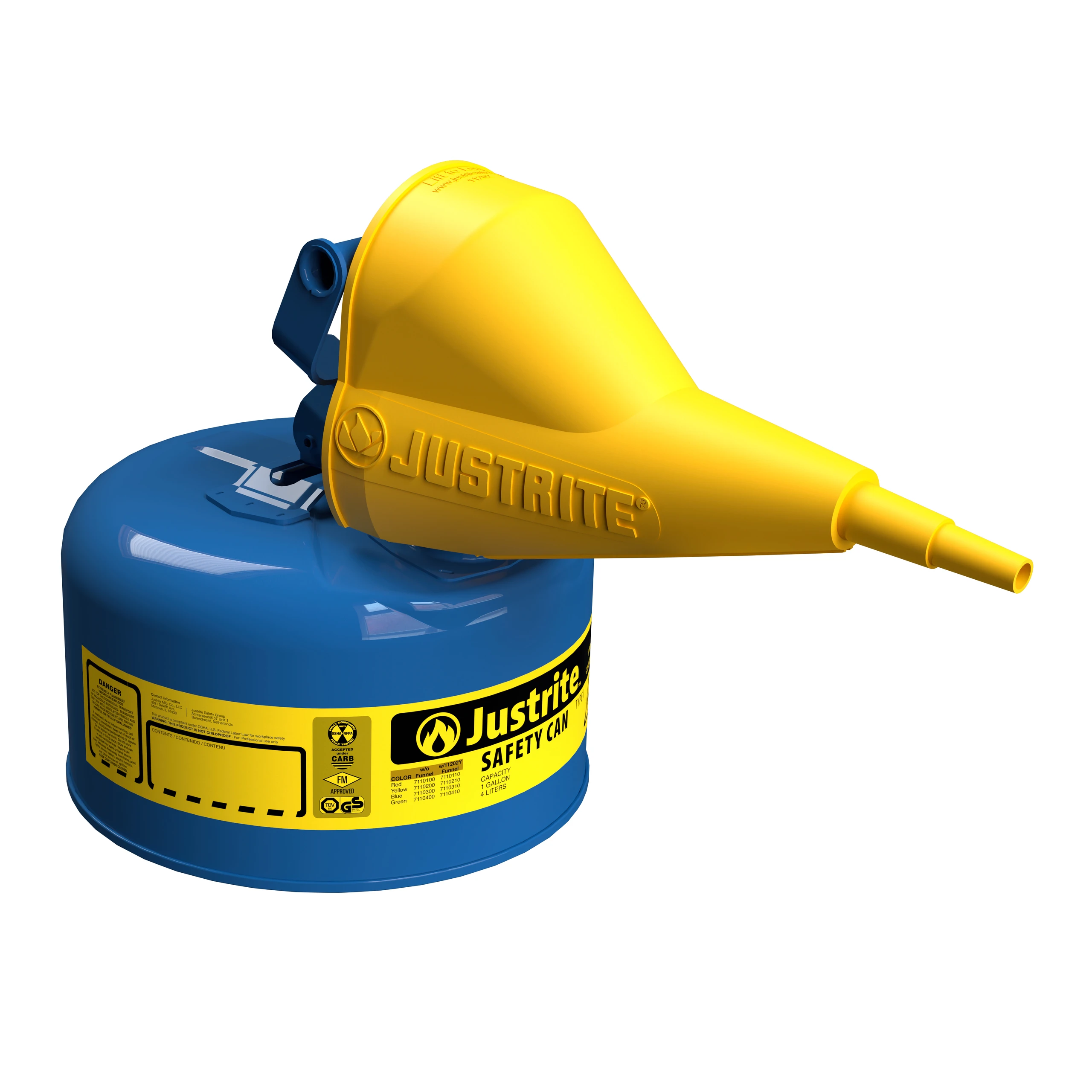 JUSTRITE 7110310 Safety Can With Funnel, Flame Arrester, Type I, 1 Gallon, Blue | CD8CKX