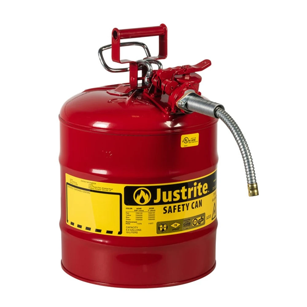 JUSTRITE 7250120 Steel Safety Can, 5/8 Inch Metal Hose, Type II, 5 Gallon, 19L, 5/8 Inch Size, Red | CH6GLK