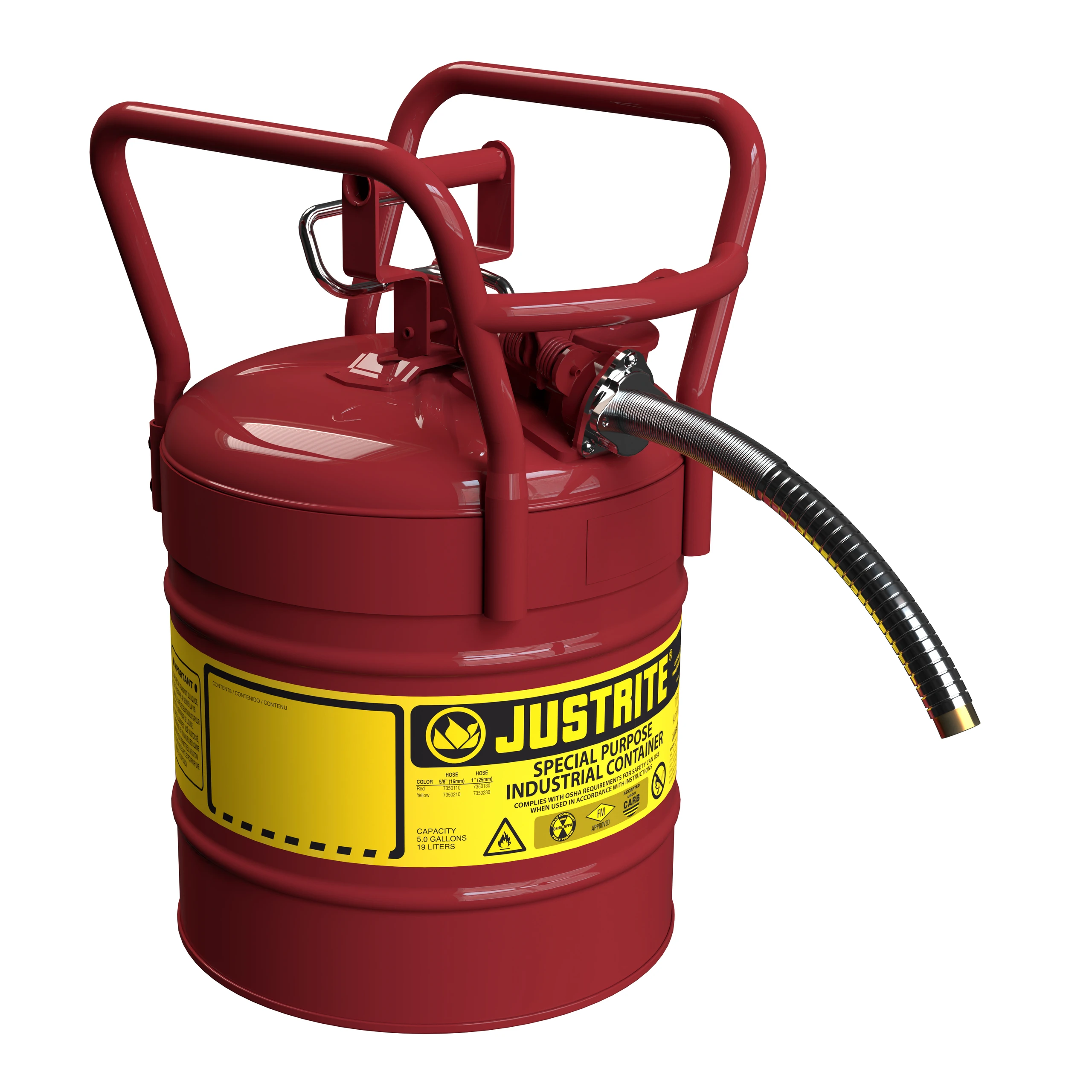JUSTRITE 7350130 Dot Safety Can, 1 Inch Metal Hose For Flammable, Type II, 18-1/4 Inch Height, Red | AD2DVG 3NKU3