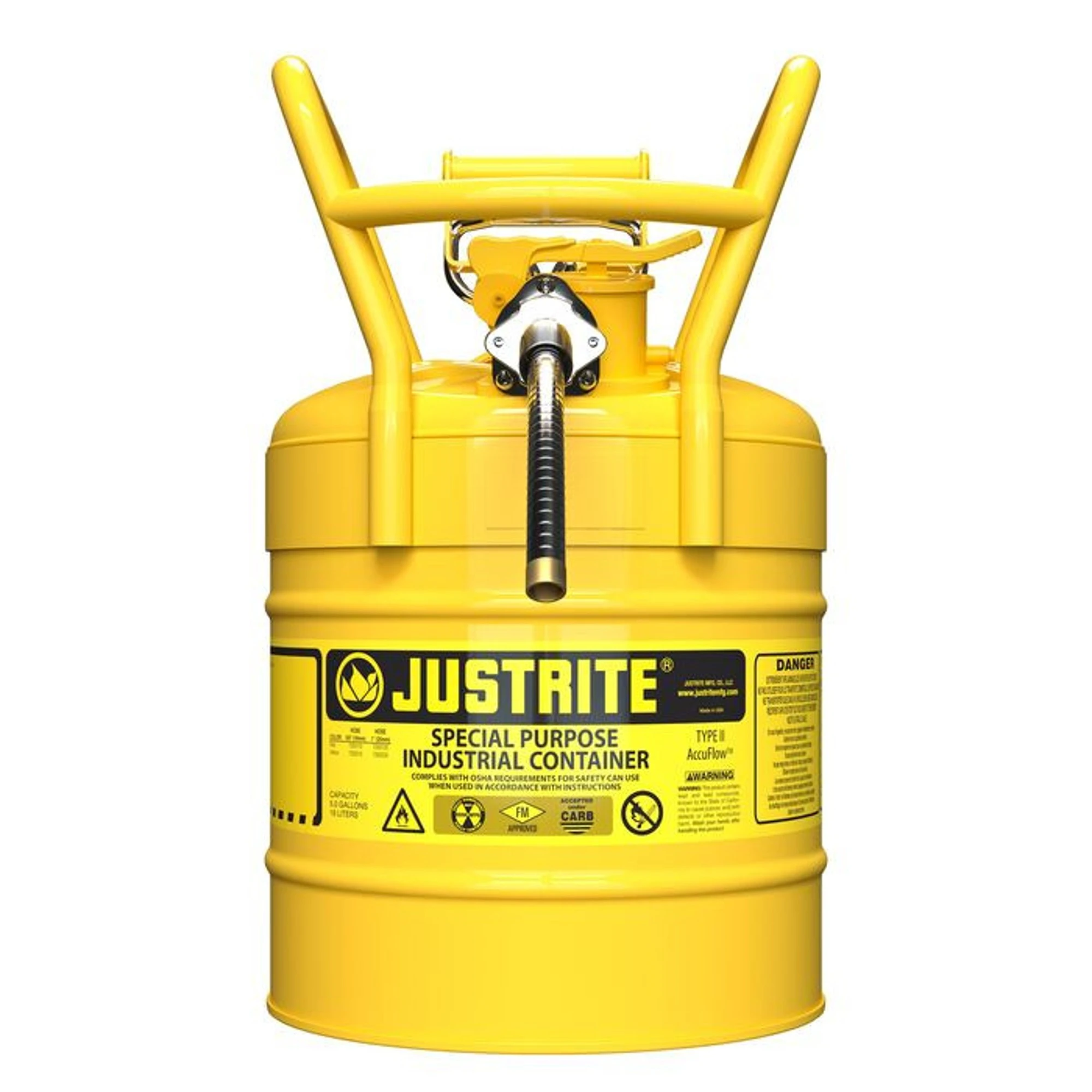 JUSTRITE 7350210 Dot Safety Can, 5/8 Inch Metal Hose, Type II, 17-1/2 Inch Height, Yellow | AA4ZZT 13M491