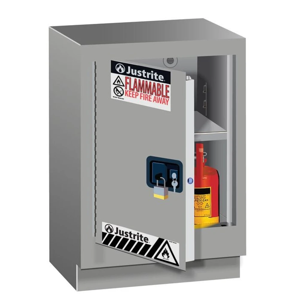 JUSTRITE 882414 Flammable Safety Cabinet, 15 Gallon, 1 Shelf, 1 Door, 24 Inch Size, Silver | CD8CMC