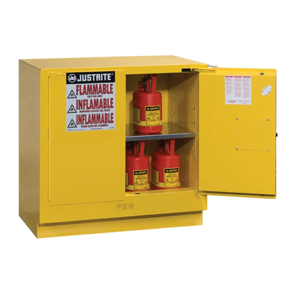JUSTRITE 892320 Flammable Safety Cabinet, 2 Door Self Close, 83L, 889 x 889 x 559mm Size, Yellow | AB4LEK JCB8923201, 8923201