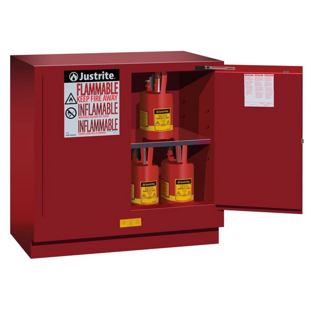 JUSTRITE 892321 Flammable Safety Cabinet, 1 Shelf, 2 Doors, Self Close, 22 Gallon, Red | CD8CTK