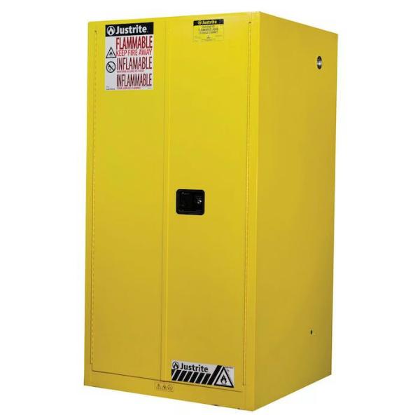 Flammable Safety Cabinet, Manual Close, 2 Shelves, 60 Gallon, Yellow