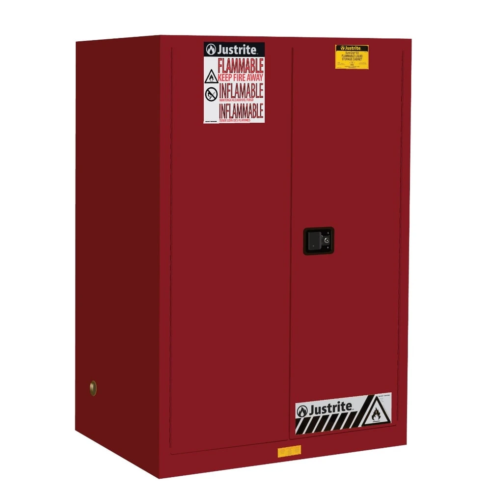 JUSTRITE 899021 Flammable Cabinet, 2 Shelves, 2 Doors, Self Close, 90 Gallon, Red | AA6ADF 13M573